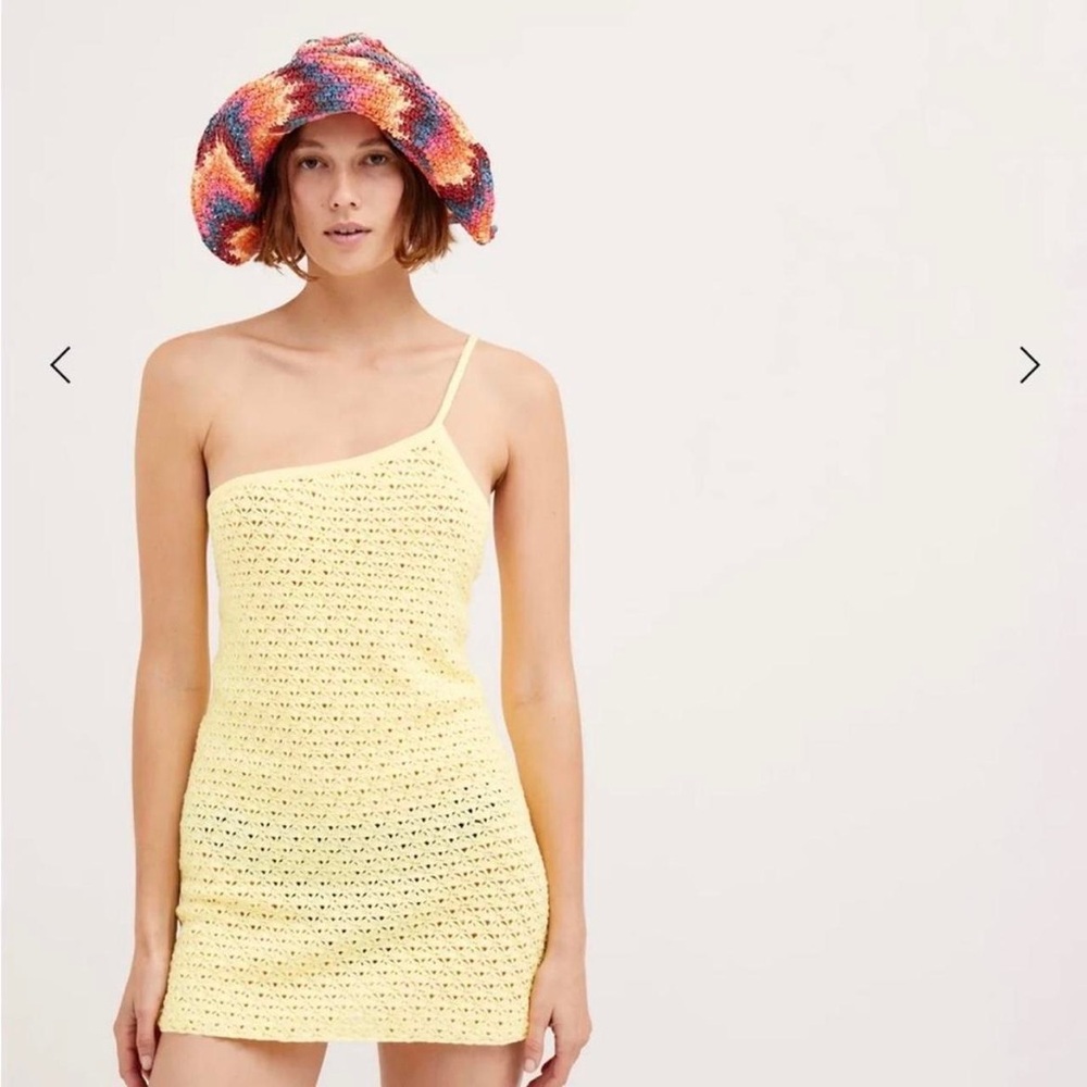 For Love & Lemons Yellow Crochet One Shoulder Mini Dress Swim Cover Up NWT